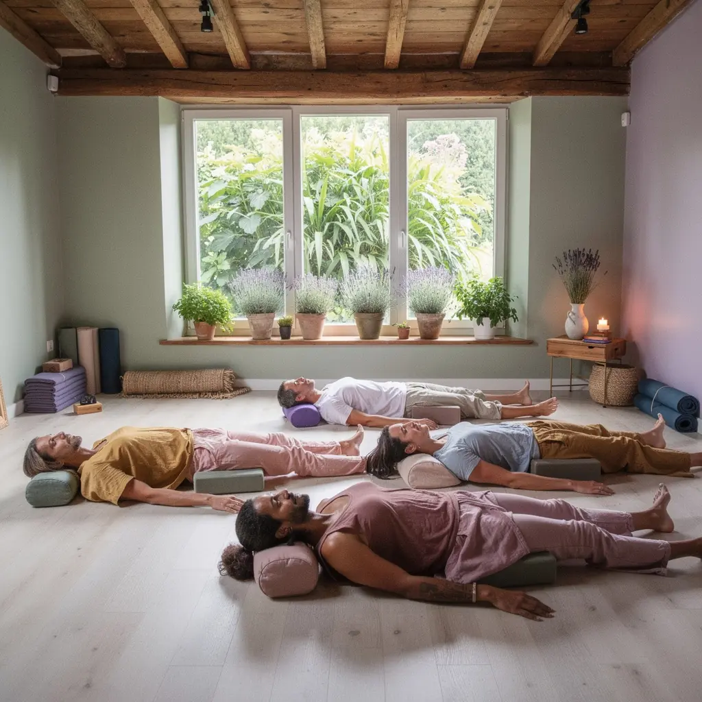 Grupa ludzi praktykujących jogę na macie w cichym studiu