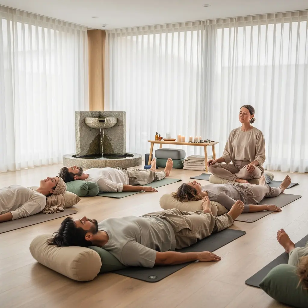 Zestaw mat do jogi i poduszek w jasnym, relaksującym wnętrzu.