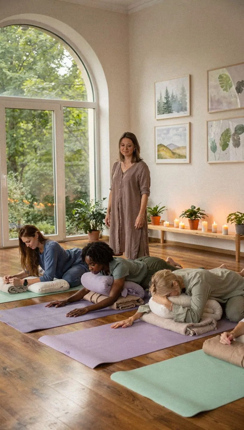 Zestaw mat do jogi i poduszek w jasnym, relaksującym wnętrzu.