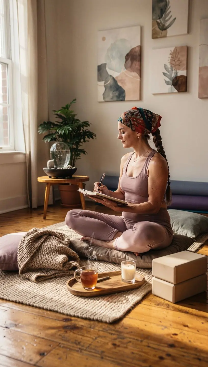 Zestaw mat do jogi i poduszek w jasnym, relaksującym wnętrzu.