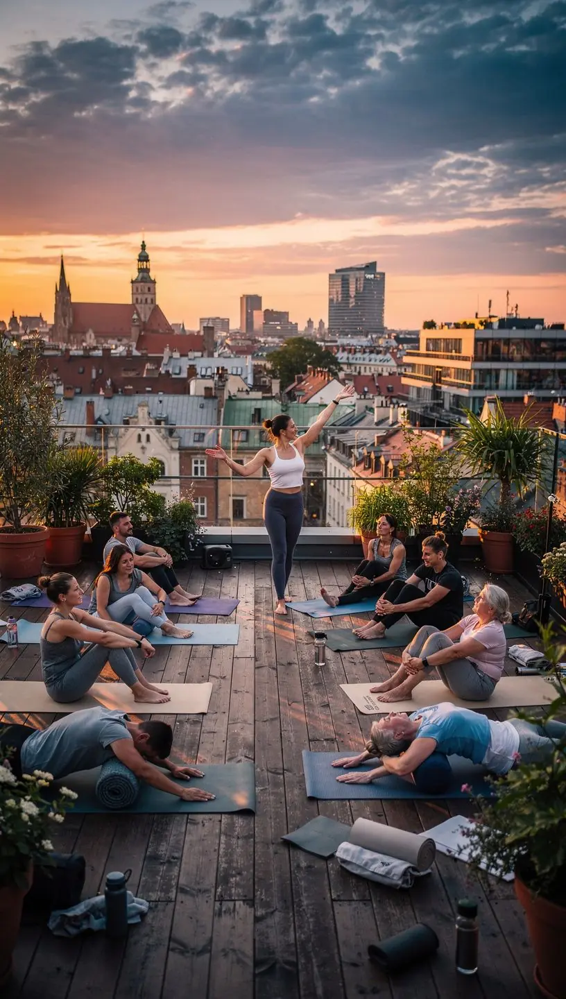 Zestaw mat do jogi i poduszek w jasnym, relaksującym wnętrzu.