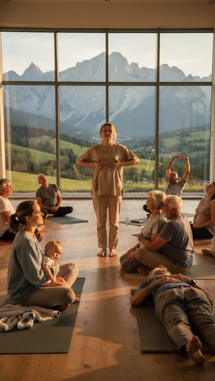 Przestrzeń do jogi restytucyjnej z osobą medytującą w przytulnym otoczeniu.